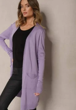 Fioletowy Kardigan Bez Zapięć o Prostym Kroju ze Wsuwanymi Kieszonkami Torinia