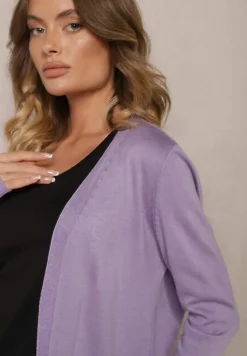 Fioletowy Kardigan Bez Zapięć o Prostym Kroju ze Wsuwanymi Kieszonkami Torinia