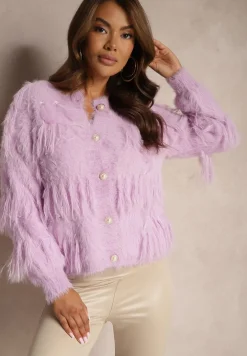 Fioletowy Kardigan Puchaty z Dodatkiem Wełny Ozdobiony Piórami i Perełkami Mavalina