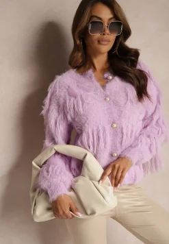 Fioletowy Kardigan Puchaty z Dodatkiem Wełny Ozdobiony Piórami i Perełkami Mavalina