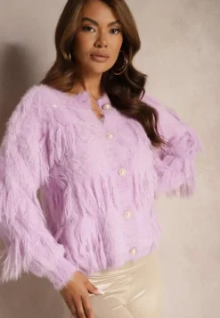 Fioletowy Kardigan Puchaty z Dodatkiem Wełny Ozdobiony Piórami i Perełkami Mavalina