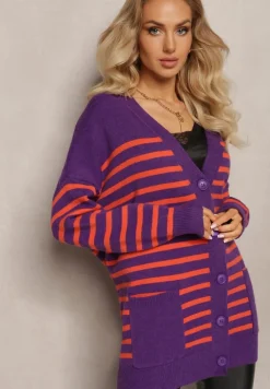 Fioletowy Kardigan w Paski o Wydłużonym Fasonie z Dekoltem V Zapinany na Guziki Ravime