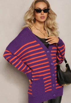 Fioletowy Kardigan w Paski o Wydłużonym Fasonie z Dekoltem V Zapinany na Guziki Ravime