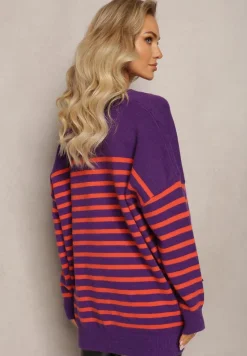 Fioletowy Kardigan w Paski o Wydłużonym Fasonie z Dekoltem V Zapinany na Guziki Ravime
