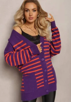 Fioletowy Kardigan w Paski o Wydłużonym Fasonie z Dekoltem V Zapinany na Guziki Ravime
