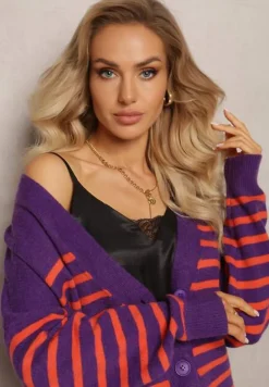 Fioletowy Kardigan w Paski o Wydłużonym Fasonie z Dekoltem V Zapinany na Guziki Ravime