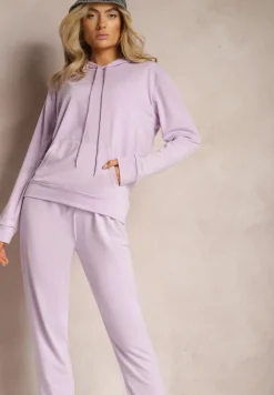 Fioletowy Klasyczny Komplet Dresowy z Bluzą Kangurką i Spodniami Typu Jogger Salevia