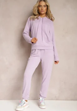 Fioletowy Klasyczny Komplet Dresowy z Bluzą Kangurką i Spodniami Typu Jogger Salevia