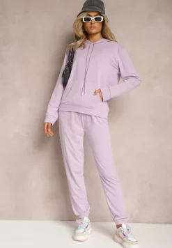 Fioletowy Klasyczny Komplet Dresowy z Bluzą Kangurką i Spodniami Typu Jogger Salevia