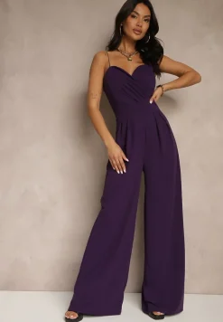 Fioletowy Kombinezon na Cienkich Ramiączkach z Kopertowym Dekoltem i Szerokimi Nogawkami Jovantia