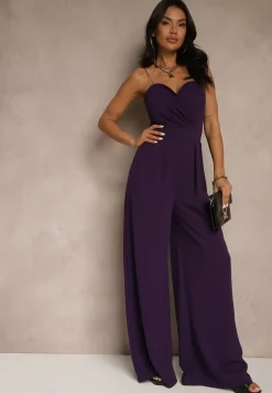 Fioletowy Kombinezon na Cienkich Ramiączkach z Kopertowym Dekoltem i Szerokimi Nogawkami Jovantia