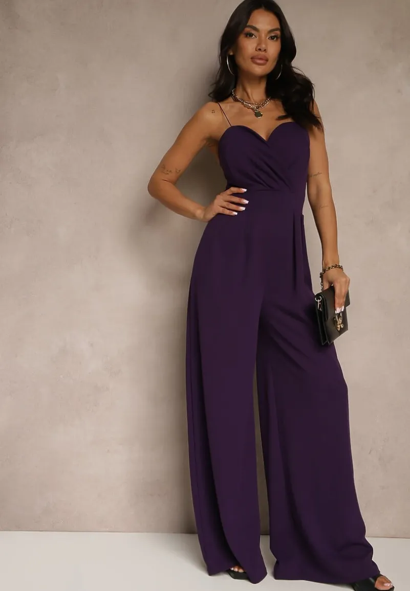Fioletowy Kombinezon na Cienkich Ramiączkach z Kopertowym Dekoltem i Szerokimi Nogawkami Jovantia