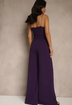 Fioletowy Kombinezon na Cienkich Ramiączkach z Kopertowym Dekoltem i Szerokimi Nogawkami Jovantia