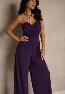 Fioletowy Kombinezon na Cienkich Ramiączkach z Kopertowym Dekoltem i Szerokimi Nogawkami Jovantia