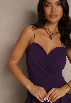 Fioletowy Kombinezon na Cienkich Ramiączkach z Kopertowym Dekoltem i Szerokimi Nogawkami Jovantia