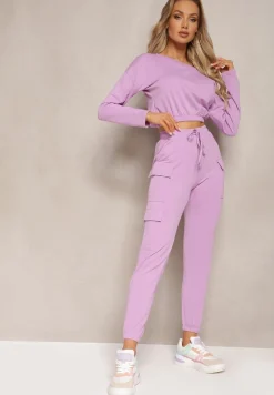 Fioletowy Komplet Dresowy Bluza Cropped i Spodnie z Kieszeniami Cargo Xerlesa