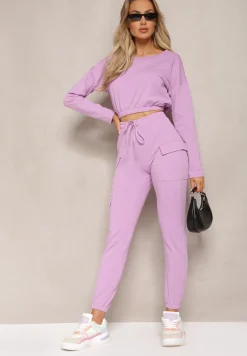 Fioletowy Komplet Dresowy Bluza Cropped i Spodnie z Kieszeniami Cargo Xerlesa