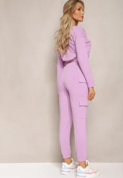 Fioletowy Komplet Dresowy Bluza Cropped i Spodnie z Kieszeniami Cargo Xerlesa
