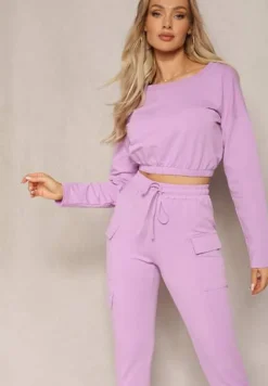 Fioletowy Komplet Dresowy Bluza Cropped i Spodnie z Kieszeniami Cargo Xerlesa