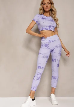 Fioletowy Komplet Sportowy z Printem Tie-Dye z Koszulką Cropped i Legginsami Davenia