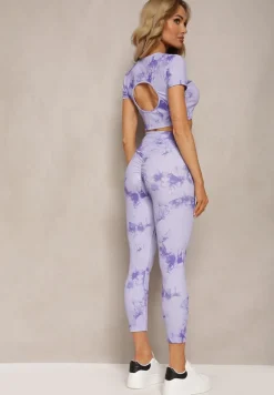 Fioletowy Komplet Sportowy z Printem Tie-Dye z Koszulką Cropped i Legginsami Davenia