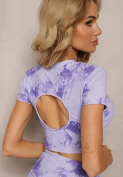 Fioletowy Komplet Sportowy z Printem Tie-Dye z Koszulką Cropped i Legginsami Davenia
