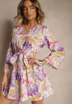 Fioletowy Kopertowy Kombinezon z Wiązanym Paskiem i Rozszerzanymi Rękawami Telurea