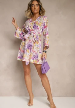 Fioletowy Kopertowy Kombinezon z Wiązanym Paskiem i Rozszerzanymi Rękawami Telurea