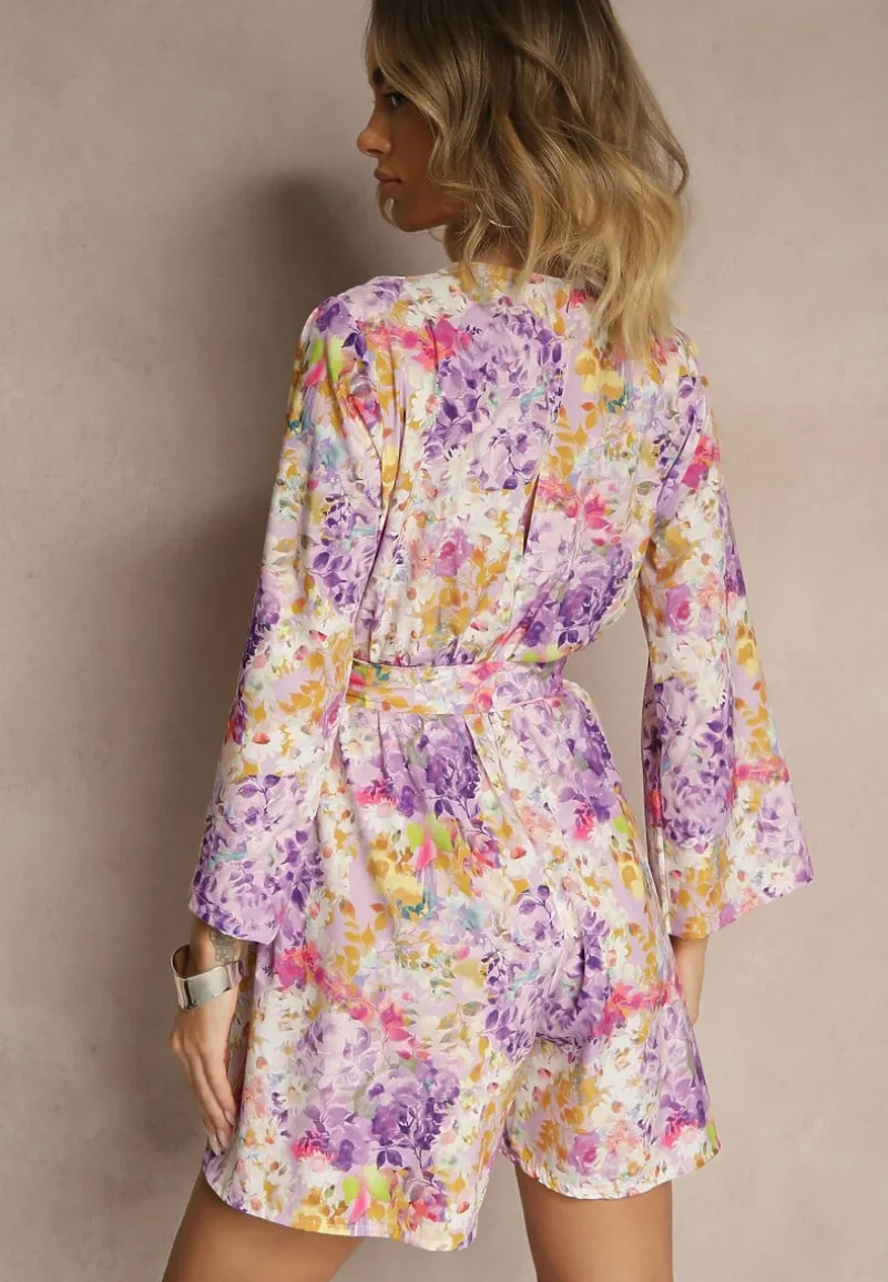 Fioletowy Kopertowy Kombinezon z Wiązanym Paskiem i Rozszerzanymi Rękawami Telurea