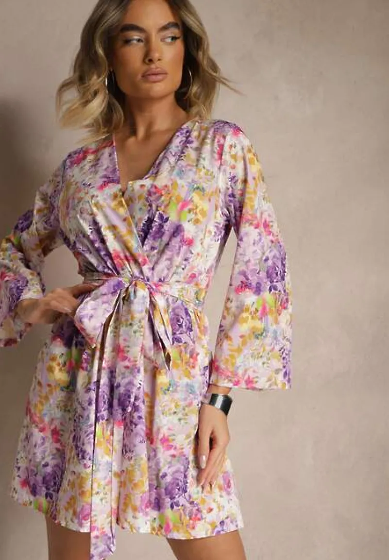 Fioletowy Kopertowy Kombinezon z Wiązanym Paskiem i Rozszerzanymi Rękawami Telurea