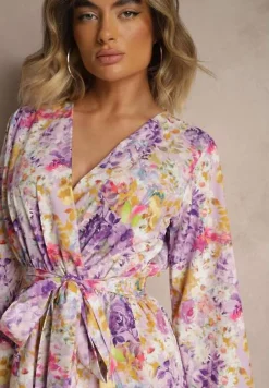 Fioletowy Kopertowy Kombinezon z Wiązanym Paskiem i Rozszerzanymi Rękawami Telurea