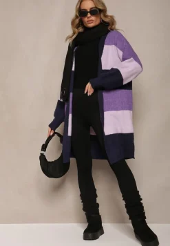 Fioletowy Luźny Kardigan Niezapinany w Paski Blikoze