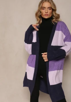 Fioletowy Luźny Kardigan Niezapinany w Paski Blikoze
