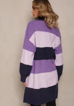 Fioletowy Luźny Kardigan Niezapinany w Paski Blikoze