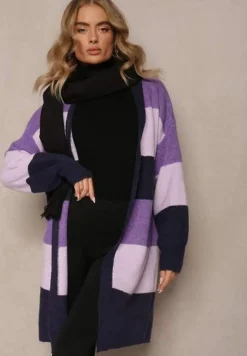 Fioletowy Luźny Kardigan Niezapinany w Paski Blikoze