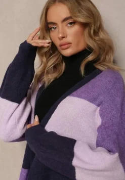 Fioletowy Luźny Kardigan Niezapinany w Paski Blikoze