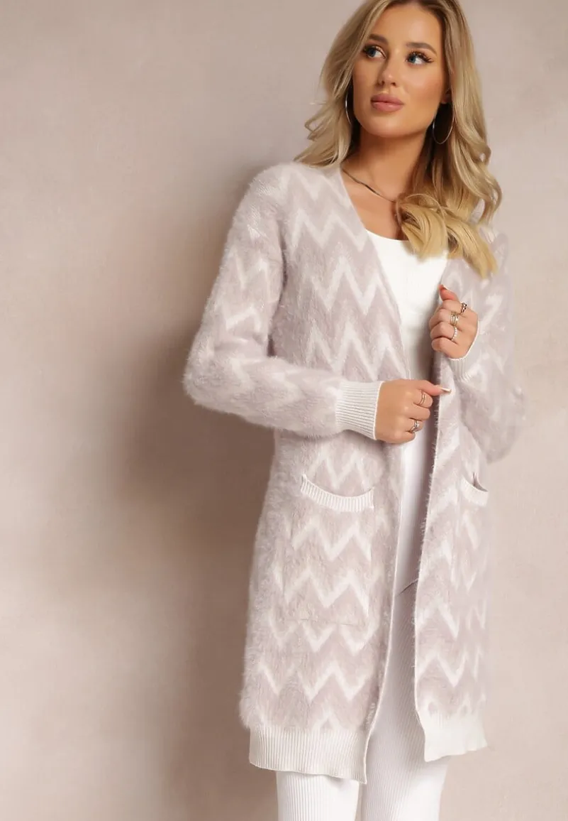 Fioletowy Niezapinany Kardigan o Przedłużonym Fasonie w Zygzaki Chevron Oherna