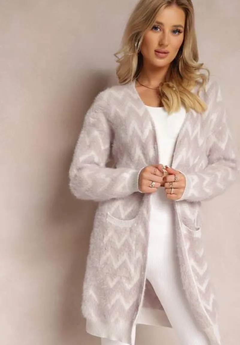 Fioletowy Niezapinany Kardigan o Przedłużonym Fasonie w Zygzaki Chevron Oherna