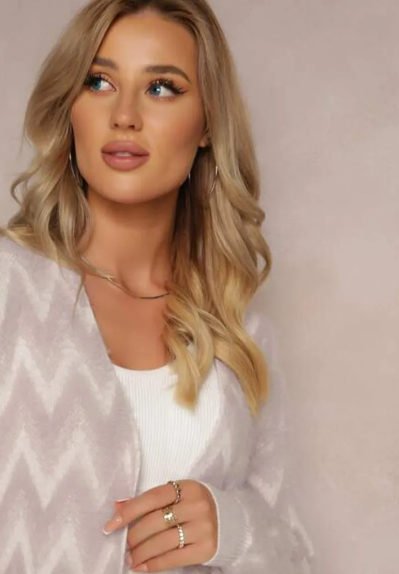 Fioletowy Niezapinany Kardigan o Przedłużonym Fasonie w Zygzaki Chevron Oherna