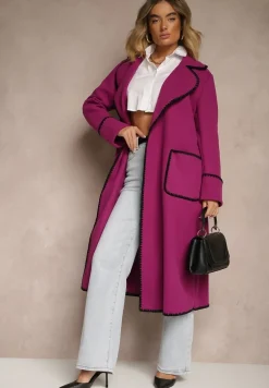 Fioletowy Płaszcz Szlafrokowy z Wiązanym Paskiem Zdobiony Przeszyciami Enamia