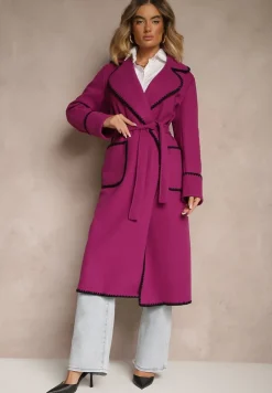 Fioletowy Płaszcz Szlafrokowy z Wiązanym Paskiem Zdobiony Przeszyciami Enamia