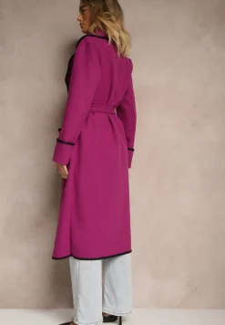 Fioletowy Płaszcz Szlafrokowy z Wiązanym Paskiem Zdobiony Przeszyciami Enamia