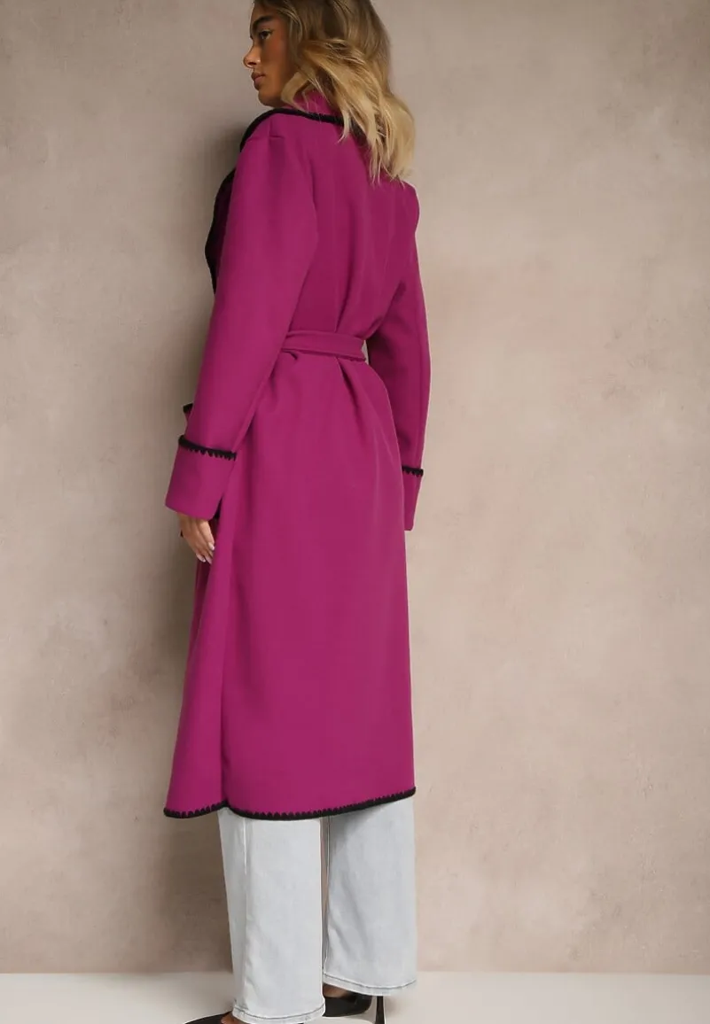 Fioletowy Płaszcz Szlafrokowy z Wiązanym Paskiem Zdobiony Przeszyciami Enamia