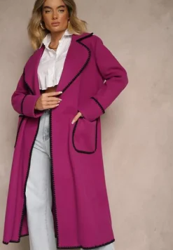 Fioletowy Płaszcz Szlafrokowy z Wiązanym Paskiem Zdobiony Przeszyciami Enamia