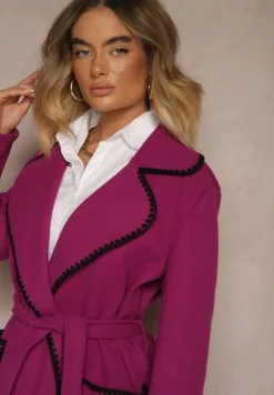 Fioletowy Płaszcz Szlafrokowy z Wiązanym Paskiem Zdobiony Przeszyciami Enamia