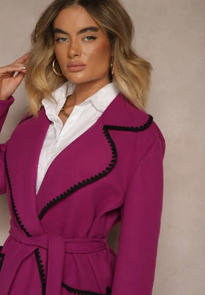 Fioletowy Płaszcz Szlafrokowy z Wiązanym Paskiem Zdobiony Przeszyciami Enamia
