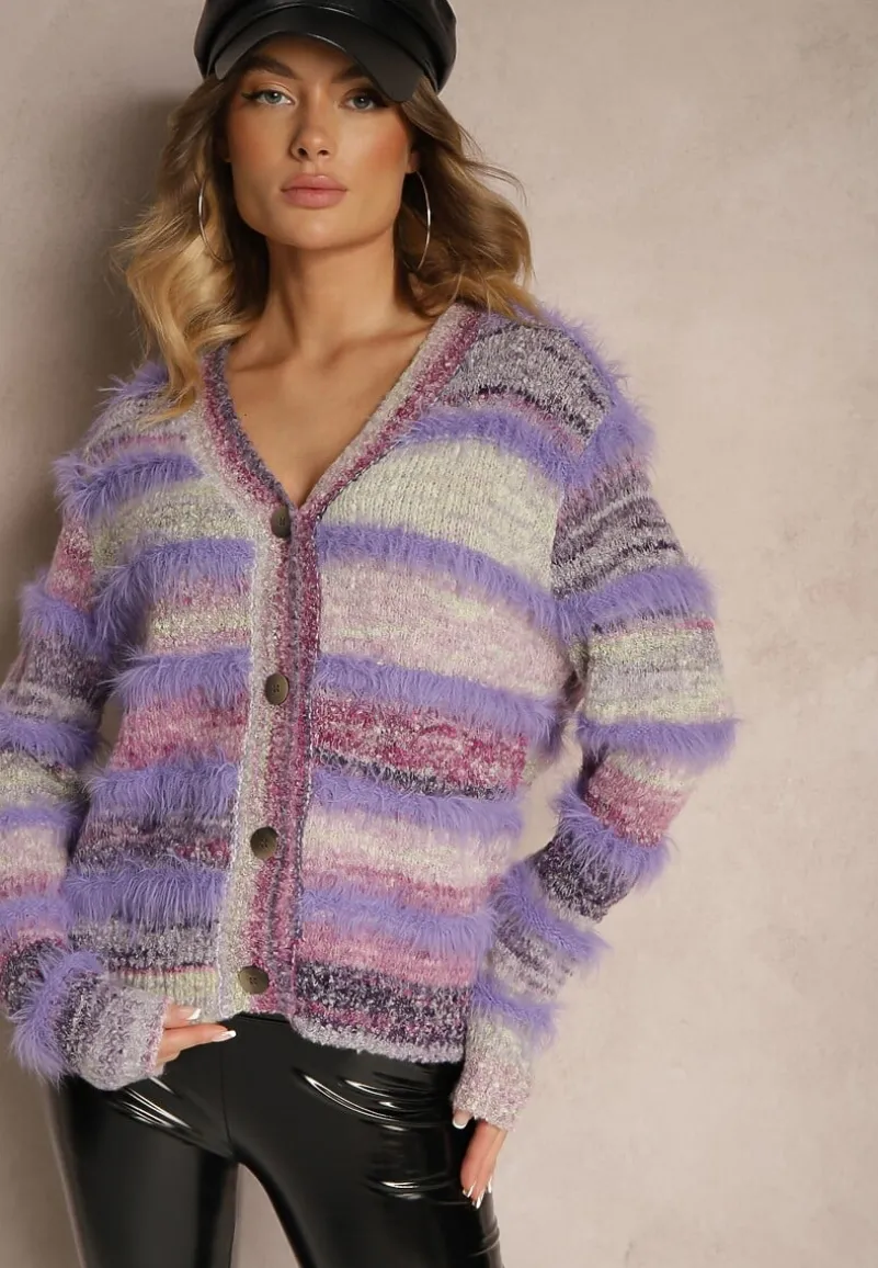 Fioletowy Rozpinany Kardigan z Wiskozą i Wełną w Paski Esamara