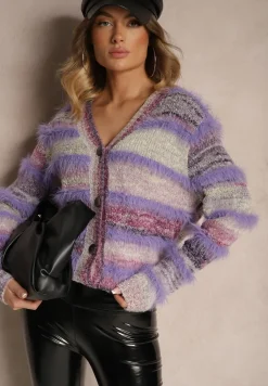 Fioletowy Rozpinany Kardigan z Wiskozą i Wełną w Paski Esamara