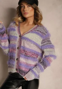 Fioletowy Rozpinany Kardigan z Wiskozą i Wełną w Paski Esamara