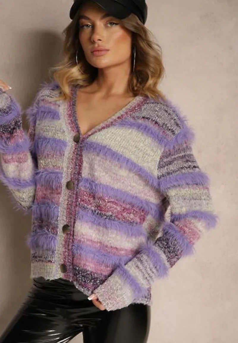 Fioletowy Rozpinany Kardigan z Wiskozą i Wełną w Paski Esamara